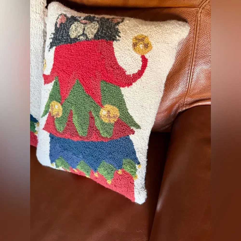 Festive Cat Holiday Wool Throw Pillows - Red, Green, Blue set of two